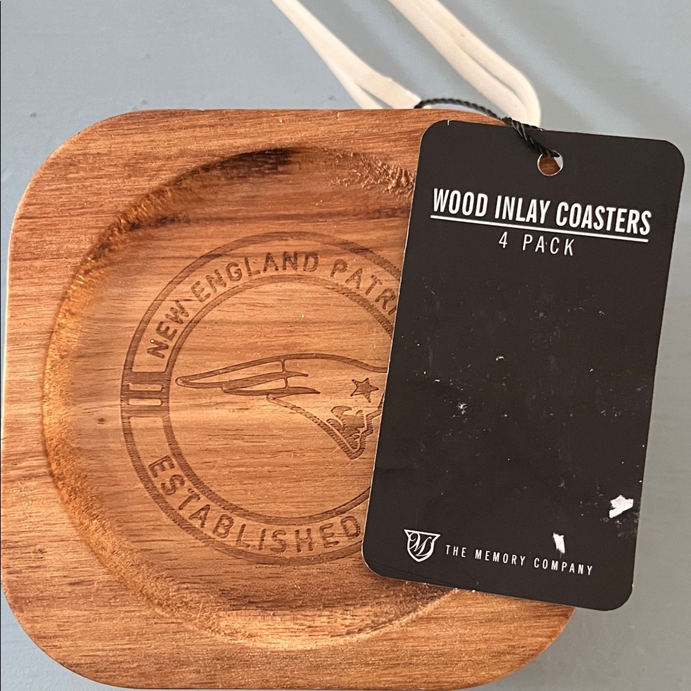 NWT! NE Patriots The Memory Company Wood Coasters - Brown- Set of 4